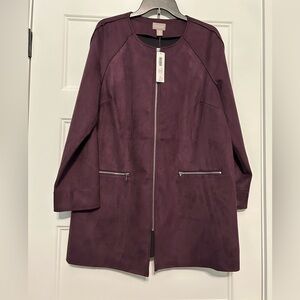 Women’s Size Large/12 Chico’s Deep Berry Faux Suede Long Jacket with Zipper NWT